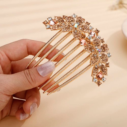 Jumwrit Crystal Bride Wedding Hair Comb Leaf Colorful Rhinestone Flower Hair Side Comb Gold Hair Clip Comb Big Floral Vintage Bridesmaid Headpiece Bridal Hair Jewelry for Women Girls(Champagne)
