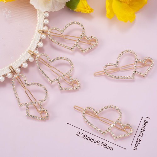 HINZIC 5pcs Rhinestones Hollow Heart Boho Hair Clips Barrette Bling Crystal Love Hair Pins Decorative Headdress Accessories for Women Girls Bride Party Prom Valentine(Gold)