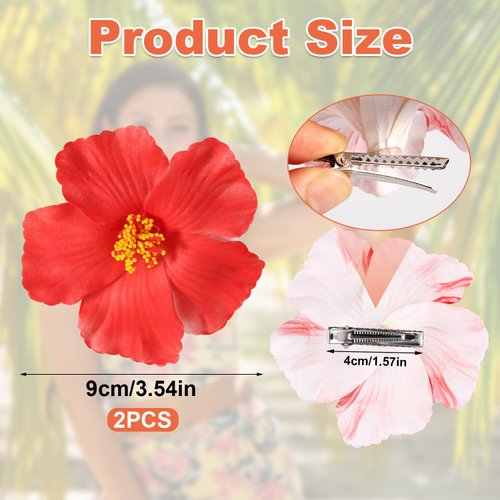 2pcs Flower Hair Clip, Red Hawaiian Flower Hair Clip Beach Party Hair Clip Bohemian Flower Hair Accessories for Women Girls Dancer Bride Wedding Beach Party