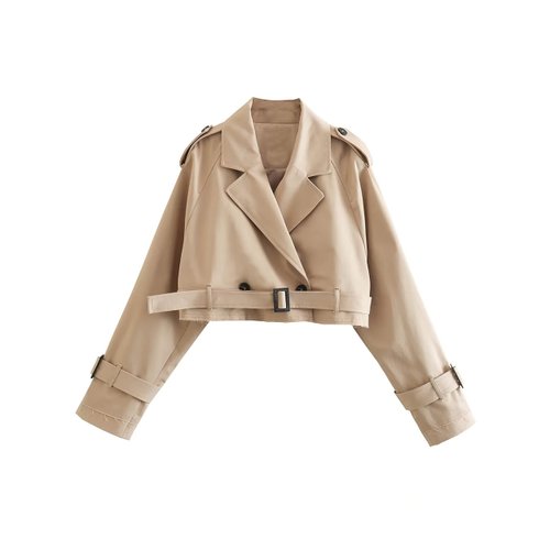 Faleave Womens Cropped Jacket Long Sleeve Belted Trench Coat Solid Color(Khaki-L)