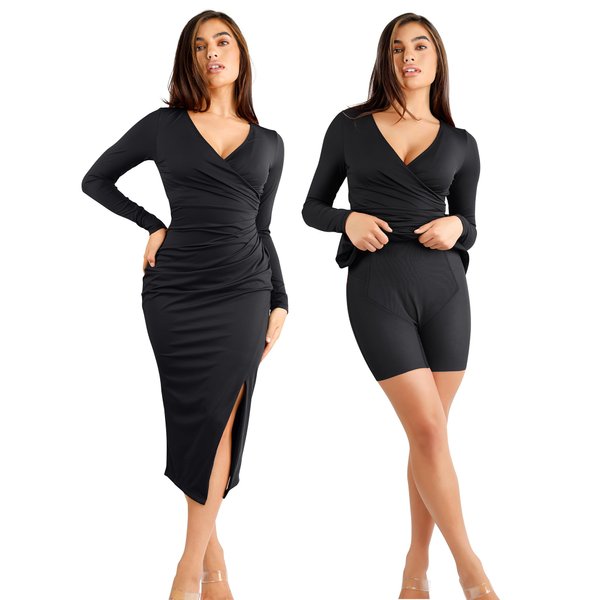 Popilush Ruched Dresses with Build in Shapewear V Neck Formal Dresses for Women Bodycon Midi Dress for Wedding Guest