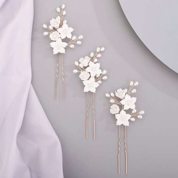 Chargances 3pcs White Flower Pearl Hair Pins Bridal Gold Pearl Beaded Hair Pins Handmade Wedding Hair Accessories for Women Girls Bridesmaids (Gold)