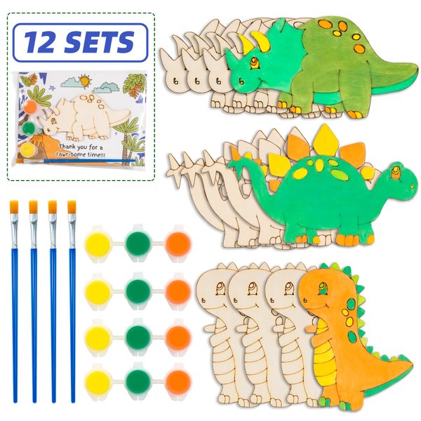 Dinosaur Party Favors - Pre-Packaged Set of 12 DIY Wooden Dinosaur Painting Set with Paint & Personalized Cards