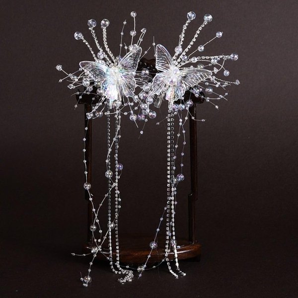 1 Pair Butterfly Hair Clip,Bride Wedding Crystal Hair Vine, Rhinestone Bridal Headpiece Tassel Hair Vine,Pearl Bridal Headband for Women and Girls