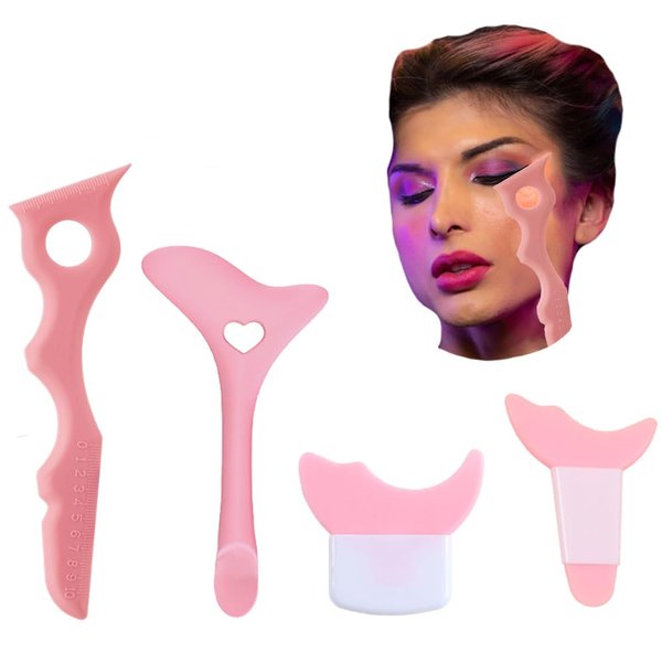 4 Pcs All In One Eyeliner Stencils Wing Tips + Eyelash Stencils Pad + Eyeshadow Baffle Multi-Purpose Eye Makeup Tool for Winged Eyeliner - Pink