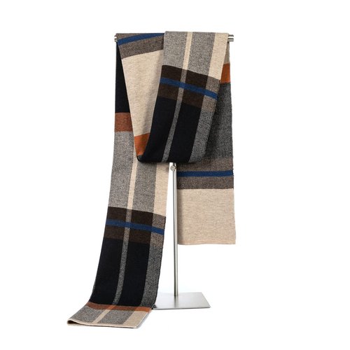 Villand Australian Merino Wool Tartan Knitted Scarf for Men, Plaid Winter Warm Thick Soft Neckwear with Gift Box, 12" W x 70" L (Camel Orange Tartan)