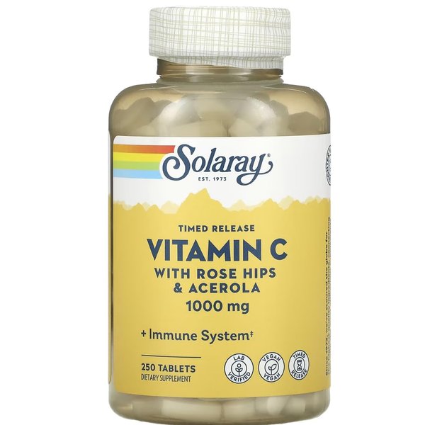Solaray Timed Release Vitamin C with Rose HIPS & Acerola, 1,000 mg, 250 Tablets