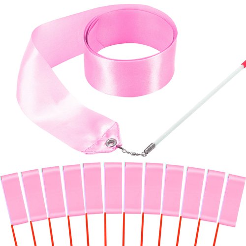 HiUnicorn 12PCS Light Pink Ballerina Dance Wands Streamer Ribbons Party Favors for Girls Rhythmic Gymnastics Birthday Party Decoration, Kids Ribbon Silks Sticks Wands