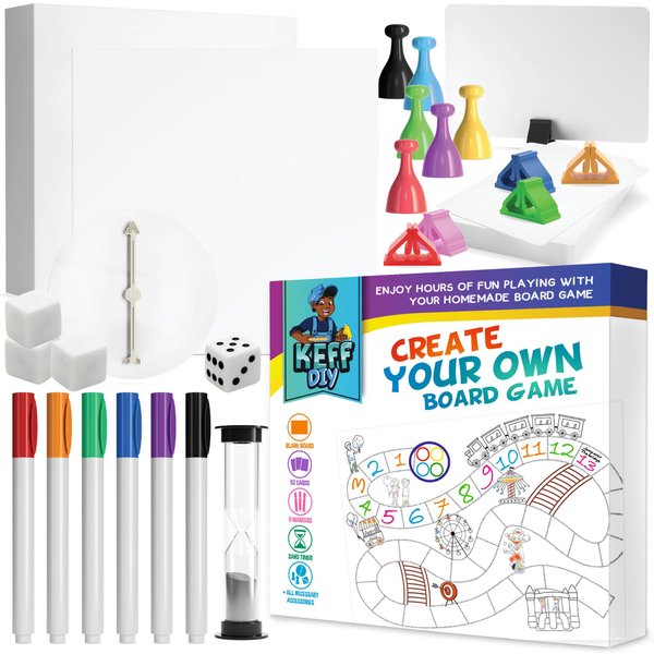 KEFF Make Your Own Board Game Set - DIY Blank Game Board Kit with Game Pieces, Blank Cards, Dice, Spinner, Pawns & More - Fun Family Board Games for Kids & Adults