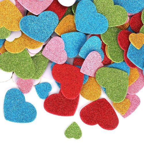 300pcs Glitter Foam Heart Stickers, Colorful Valentine's Day Heart Shaped Stickers 3 Size Self-Adhesive Foam Decals Decorations for DIY Craft Wedding Mother's Day Party Supplies