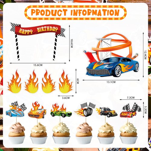 48 Pieces Hot Car Cake Topper Happy Birthday Cupcake Toppers Race Car Cake Decoration Checkered Flag Fire Car Theme Birthday Party Supplies for Boys Girls Game Party Favors