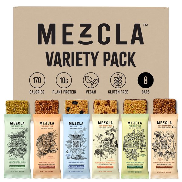 Mezcla Vegan Chocolate High Protein Bars, Gluten Free, Plant Based, Non GMO, No Dairy, 10g Protein, Healthy Snacks, Mixed Flavor Variety Pack (8 Bars)