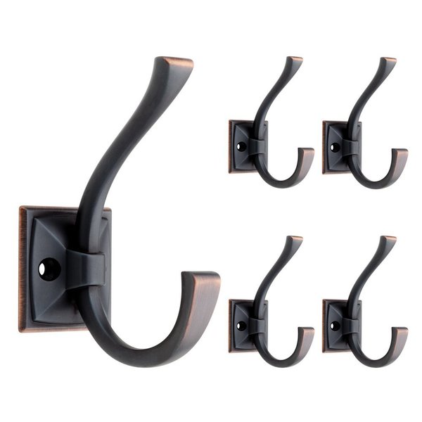 Franklin Brass Ruavista (5-Pack) Coat and Hat Wall Hooks Double Hooks for Hanging Bronze w/Copper Highlights Wall Mount Hanger Backpack, Purse, Bag, Towel Organization Decorative Wall Hooks 137246M