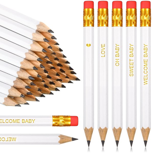 Crtiin 50 Pieces Half Pencils Baby Shower Pencils Sharpened Pencils with Erasers Pencils for Baby Shower Presharpened Pencils Woodcase Pencils for School Office Supplies, 4 Inch(White, Simple Style)