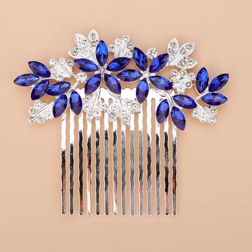 Teyglen Women Dainty Silver Gold Green Rhinestones Bride Wedding Hair Comb Luxurious Hair Accessories Shiny Red Blue Rhinestones Bridal Side Hair Combs for Women Bride Girls (Silver Blue)