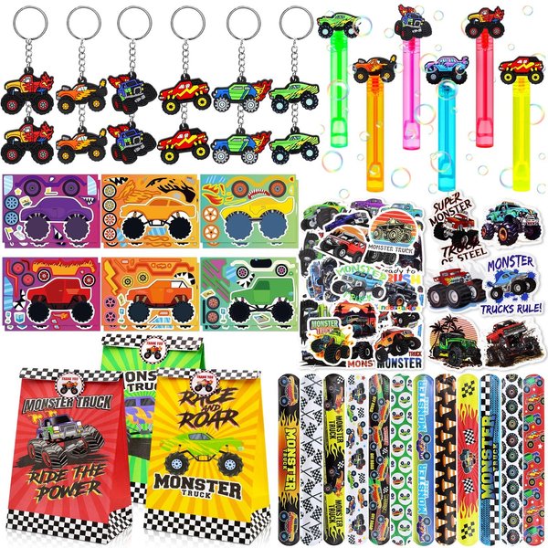 Monster Truck Party Favors Set - 110 PCS Truck Themed Party Gift Goodie Bags with Truck Bubble Wand DIY Stickers Keychains Slap Bracelets for Birthday Supplies