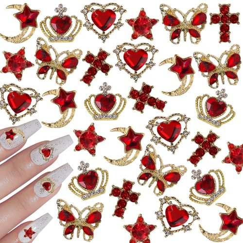 editTime Metal Alloy Nail Charms Rhinestones Kit 3D Gold Silver Stars Butterfly Heart Rose Flower Nail Gems Shiny Crystal Rhinestones Diamonds Jewelry (red-30)
