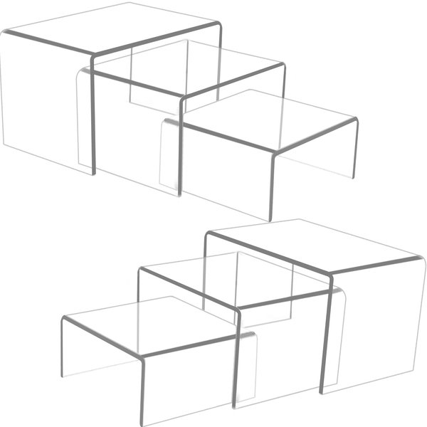 Ouskr 6 Pcs Acrylic Risers for Display, Acrylic Display Riser, Clear Display Stands for Shelf Dessert Cupcake Candy Food Tabletop Collectibles Product Bar Action Figure Jewelry Showcase (3- 4- 5 IN)
