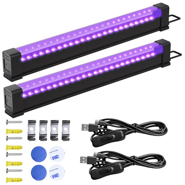 Rechargeable Black Light Bar 5W 1FT，Battery Powered LED Black Light for Glow Party Body Paint UV Strip Lights for Halloween Decorations UV Light for Cabinet and Display Magnetic 2 Pack