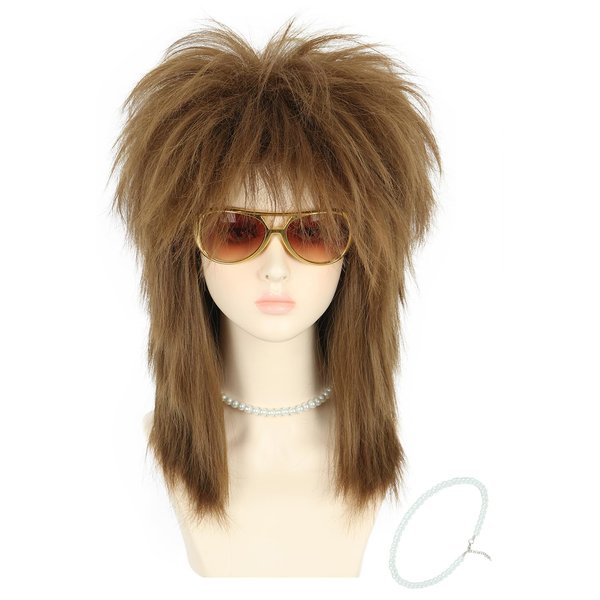 yuehong Long Brown Mullet Wig 70s 80s Rocker Wig Halloween Cosplay Costume with Necklace and Earrings for Women