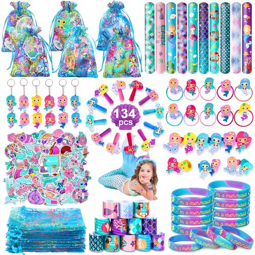 Eunvabir 128 Pcs Mermaid Party Favors for Kids, Mermaid Themed Birthday Party Decorations Toys for Girls, Mermaid Goodie Bag Pinata Basket Stuffers Fillers Hair Accessories Gifts Supplies for Classroom Prizes