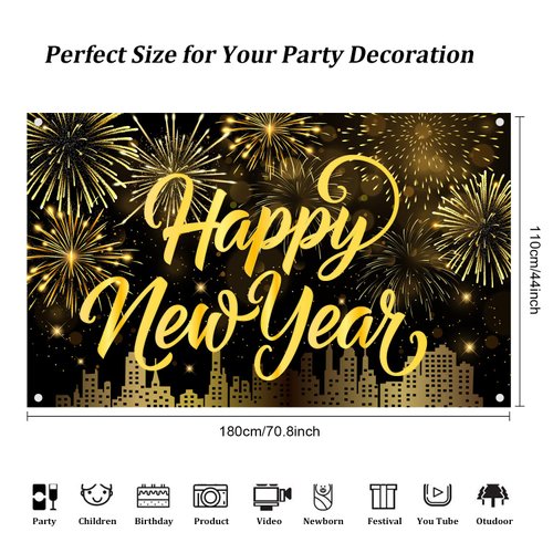 Happy New Year Banner Gold Firework Happy New Year Decorations New Years Backdrop for 2025 Party Decorations New Years Eve Banner for New Years Party Supplies