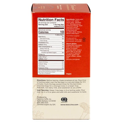 Teeccino Reishi Eleuthero Tea - French Roast - Organic Mushroom Adaptogenic Herbal Tea, 3x More Herbs than Regular Tea Bags, Caffeine Free, Chicory Prebiotic - 25 Tea Bags