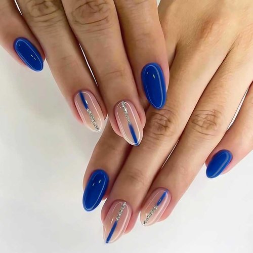 RikView Almond Press on Nails Medium Fake Nails Blue Nails Glossy Nails for Women 24 PCs/Set
