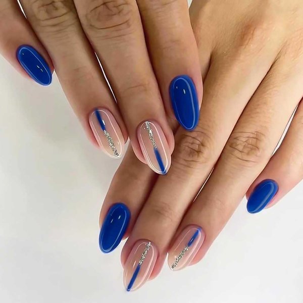 RikView Almond Press on Nails Medium Fake Nails Blue Nails Glossy Nails for Women 24 PCs/Set