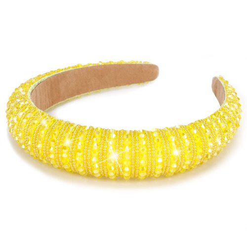 Wecoe Yellow Headband Fashion Rhinestone Headband Women Padded Headband Cute Fancy Bling Diamond Sparkle Crystal Beaded Headband Homecoming Prom Holiday Hair Accessories For Women Girls Birthday Gifts