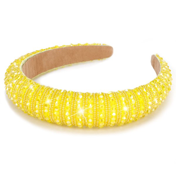 Wecoe Yellow Headband Fashion Rhinestone Headband Women Padded Headband Cute Fancy Bling Diamond Sparkle Crystal Beaded Headband Homecoming Prom Holiday Hair Accessories For Women Girls Birthday Gifts