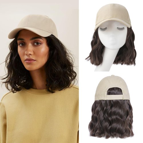 FORCUTEU Hat Wigs for Women Baseball Cap with Hair Extensions 14Inch Short Wave Curly Synthetic baseball Cap Wig Adjustable Hat with Hair Attached for Daily Use