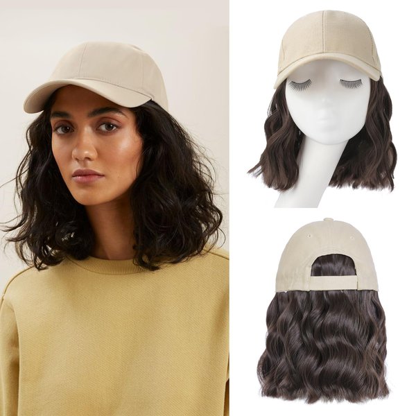 FORCUTEU Hat Wigs for Women Baseball Cap with Hair Extensions 14Inch Short Wave Curly Synthetic baseball Cap Wig Adjustable Hat with Hair Attached for Daily Use