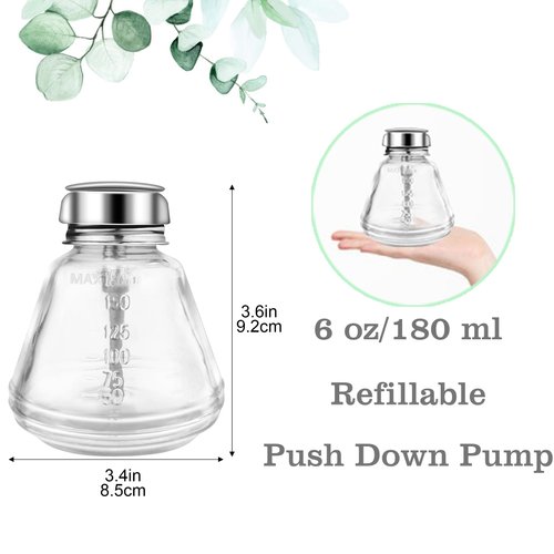 2 PCS 6 Oz Glass Pump Dispenser Bottle Push Down for Nail Polish Remover, Clear Refillable Dispenser Bottle Hand Pumping Press Container with Metal Flip Cover Pump Bottle Dispenser (A)