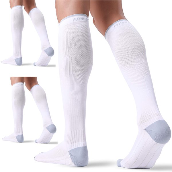 FITRELL 3 Pairs Compression Socks for Women and Men 20-30mmHg- Circulation Support Socks for Travel, Running, Nurse, Knee High Socks, Medical White L/XL