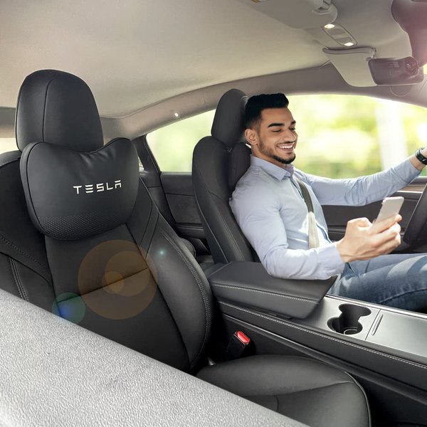 TANOLA TESBEAUTY Headrest Pillow 2 Packs Tesla Neck Pillow Uniquely Designed for Tesla Model Y/3 Neck Support Cushion Genuine Nappa Leather Invisible Strap Black
