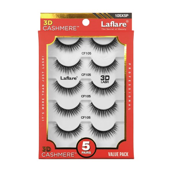Laflare 3D Cashmere False Eyelashes Multipack, Ultra Soft, Glam, Luxurious, Cruelty-Free, Reusable, Fake Eyelashes 5 Pairs Value Pack (105X5P)