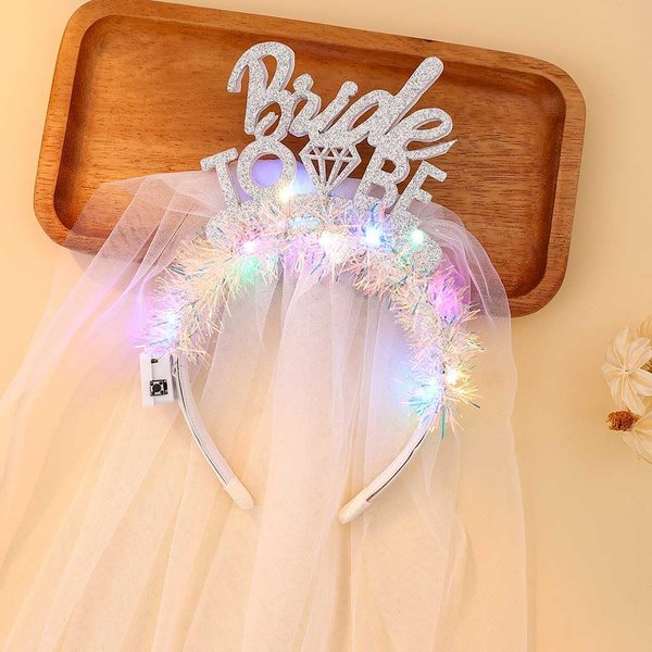 JONKY Light Up Bride to Be Veil Headband Led White Headbands Bridal Short Veils Headpiece Tulle Bachelorette Party Hair Accessories for Women and Girls