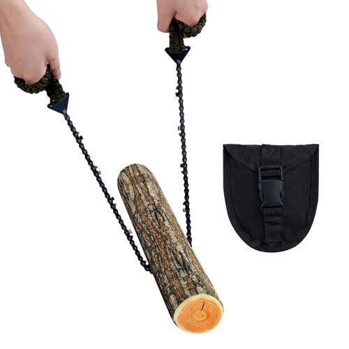 Sucrain Pocket Chainsaw with Paracord Handle, Folding Chain Hand Saw, Emergency Outdoor Survival Gear for Camping, Hunting, Hiking, Cutting Wood & Tree (Army Green, 11 Teeth, 24'' Long)