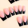 ROFIBUT French Tip Press on Nails Medium Square black Fake Nails with Rhinestone Butterfly Charm Diamond Design Stick on Nails Glossy Reusable Acrylic Nails for Women Girls Nail Decoration 24pcs