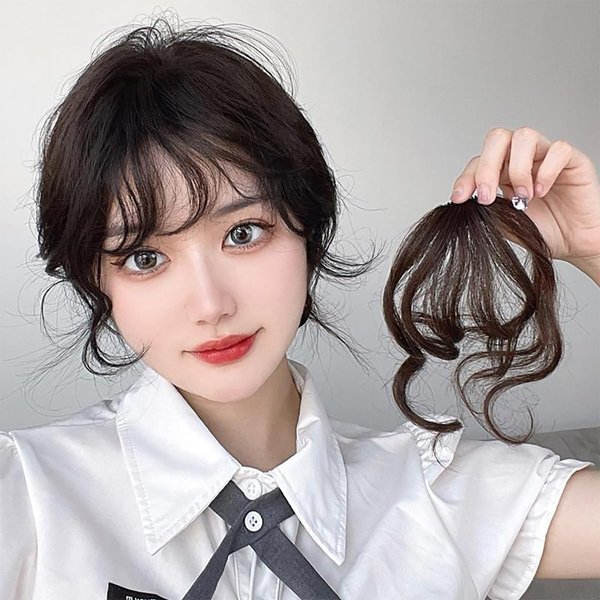 VAVANGA Long Curly Bangs Clip in Hair Extension, Natural Wave French Bangs Clip on Black Wispy Bangs Curly Air Bangs Fake Fringe Bangs Hair Piece for Women(Black)