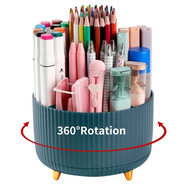 Desk Pencil Pen Holder, 5 Slots 360°Degree Rotating Pen Organizers for Desk, Desktop Storage Stationery Supplies Organizer, Cute Pencil Cup Pot for Office, School, Home, Art Supply, Dark Green