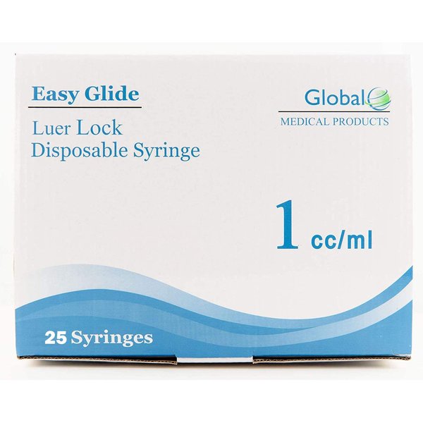 1ml Easy Glide Sterile Syringe Only with Luer Lock Tip, 25 Sterile Syringes, No Needle