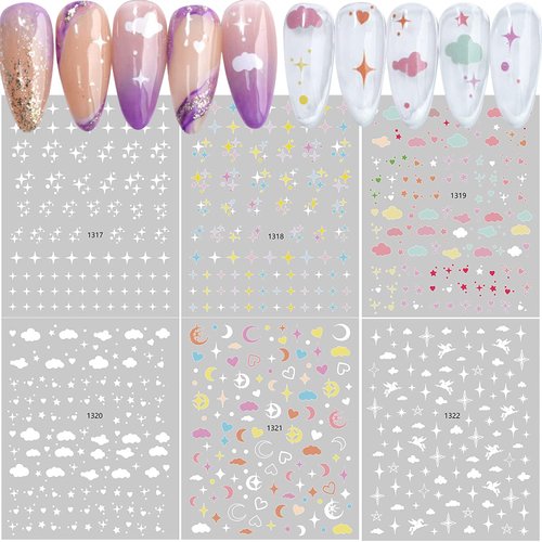 6 Sheets Star Cloud Nail Art Stickers Starry Sky Wrangler Moon Rainbow Heart Nail Decals Cute 3D Self-Adhesive Nail Decorations for Nail Art Design DIY Nail Supplies for Women Girls Kids