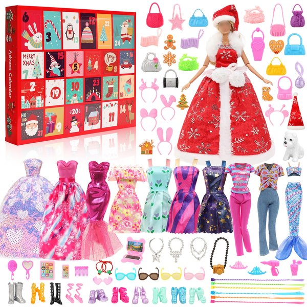 BARWA Advent Calendar 2024 With Doll Clothes and Accessories, 24 Days Christmas Countdown Calendar 57 Pcs Wedding Fshion Dress Mermaid Oufits Shoes Bags Glasses Hat Pet Necklace Crown for Kids