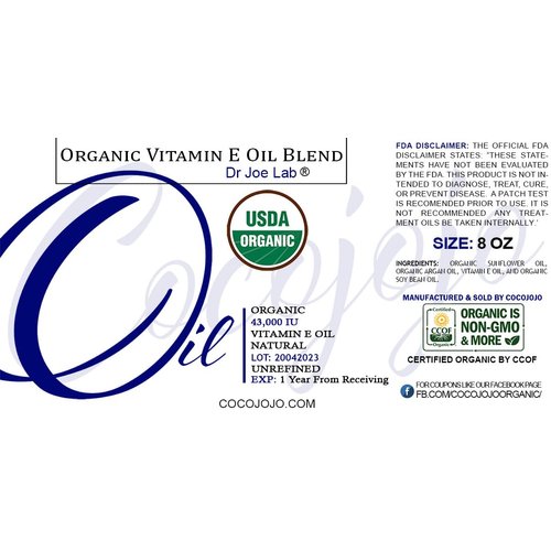 Dr Joe Lab Vitamin E Oil Organic Skin Hair Face Liquid Vitamin E Body 100% Pure Moisturizes Nourishes Non GMO Gluten Free 8 Oz