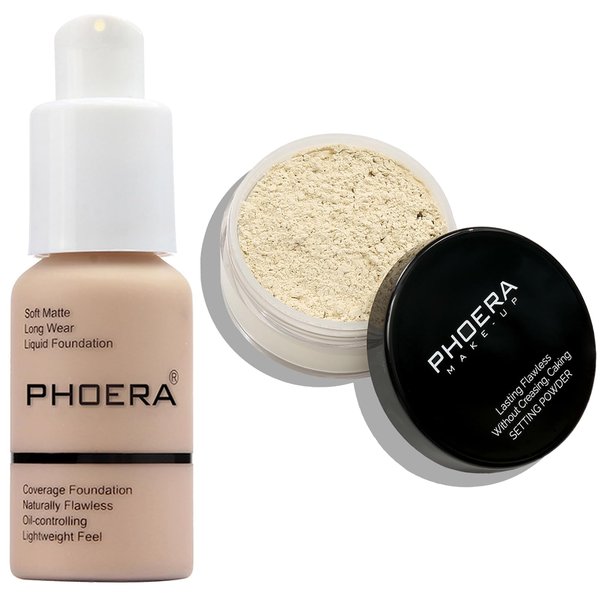 PHOERA Foundation Full Coverage,PHOERA Face Powder, Soft Focus Setting Powder, PHOERA Makeup Lightweight Wrinkles Matte Natural Finish for a Flawless Complexion (102 Nude+N.01 Translucent)