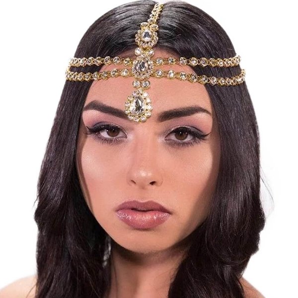 Aularso Layerd Head Chain Rhinestone Hair Jewelry Gold Wedding Headpicec Forehead Halloween Headband for Women and Girls (Gold)