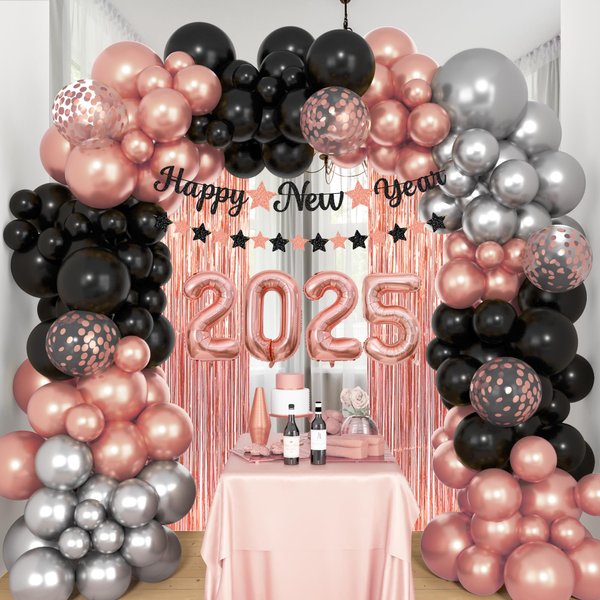 Amandir 136Pcs New Years Balloon Garland Arch Kit, Black and Rose Gold 2025 Number Foil Balloons, Happy New Year Banner, Rose Gold Fringe Curtain Backdrop for New Year Eve Party Decorations Supplies