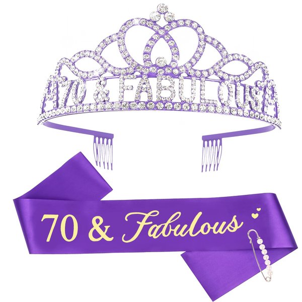 Casoty 70th Birthday Sash and Tiara for Women, 70th Birthday Decorations for Women, Purple 70th Birthday Sash and Tiara Set, 70th Birthday Gifts for Women